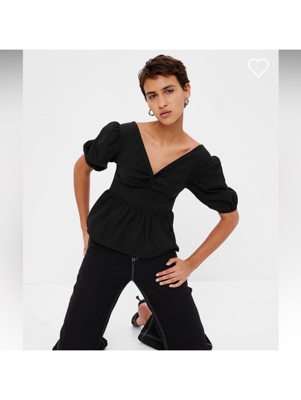 GAP Black Twist Front Peplum Puff Sleeve Top Petite XS NWT